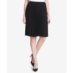 Calvin Klein Womens Black Pleated A-Line Skirt w/ Back Logo Gold Zipper Size 6P